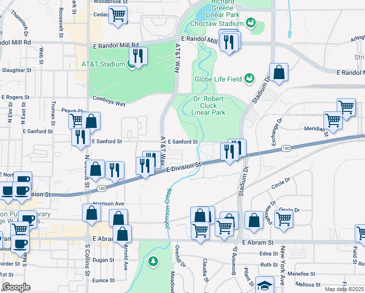 map of restaurants, bars, coffee shops, grocery stores, and more near 1600 East Sanford Street in Arlington