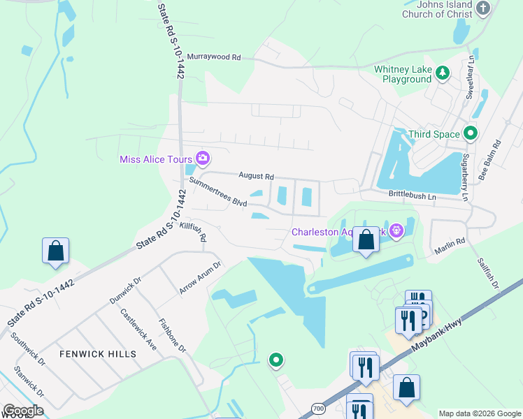 map of restaurants, bars, coffee shops, grocery stores, and more near 2819 Summertrees Boulevard in Johns Island