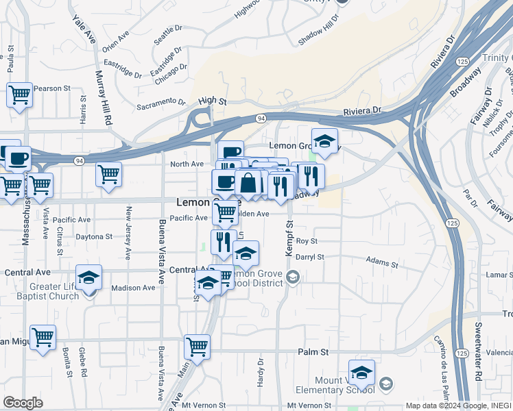 map of restaurants, bars, coffee shops, grocery stores, and more near 7919 Broadway in Lemon Grove