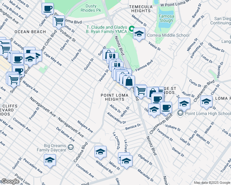 map of restaurants, bars, coffee shops, grocery stores, and more near 4154 Tennyson Street in San Diego