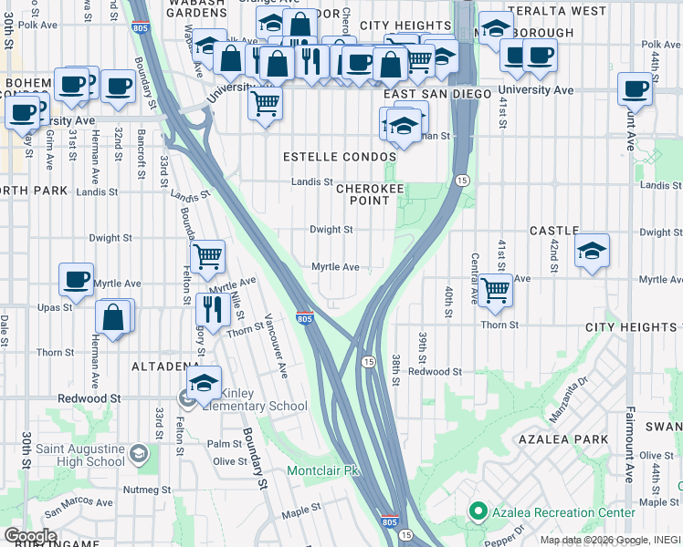 map of restaurants, bars, coffee shops, grocery stores, and more near 3421 Cherokee Avenue in San Diego