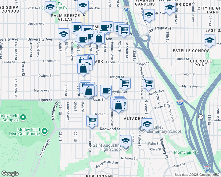 map of restaurants, bars, coffee shops, grocery stores, and more near 3520 Herman Avenue in San Diego
