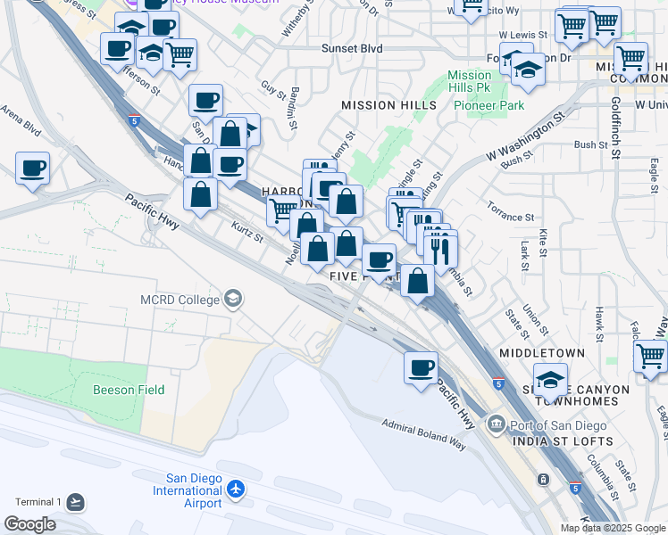map of restaurants, bars, coffee shops, grocery stores, and more near 1815 Hancock Street in San Diego