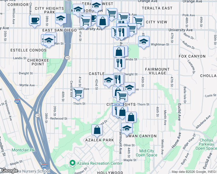 map of restaurants, bars, coffee shops, grocery stores, and more near 4271 Myrtle Avenue in San Diego