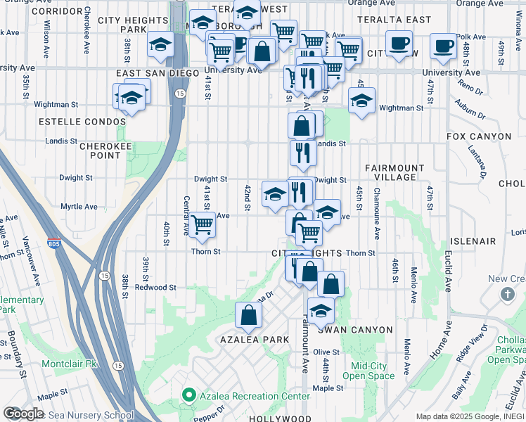 map of restaurants, bars, coffee shops, grocery stores, and more near 4271 Myrtle Avenue in San Diego
