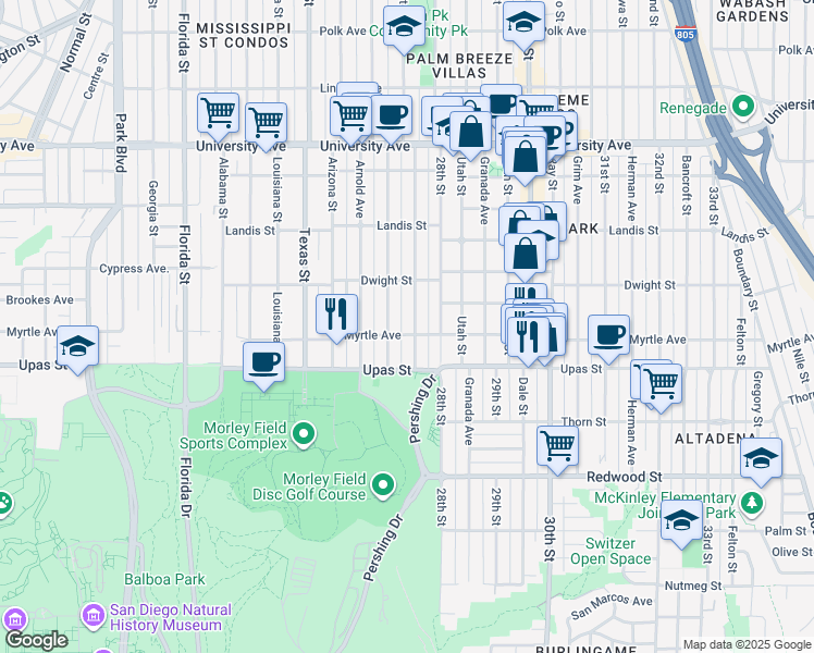 map of restaurants, bars, coffee shops, grocery stores, and more near 3448 Pershing Avenue in San Diego