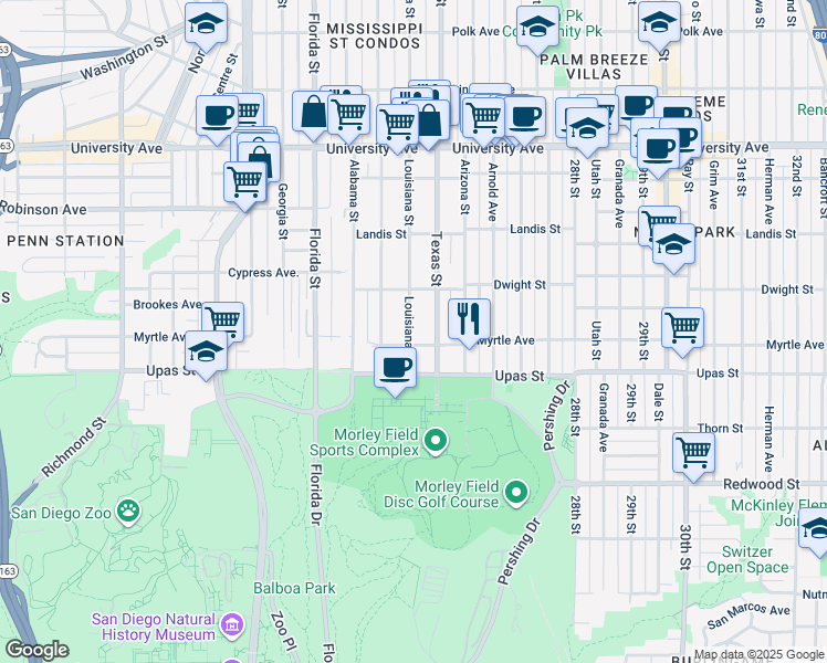 map of restaurants, bars, coffee shops, grocery stores, and more near 2318 Myrtle Avenue in San Diego