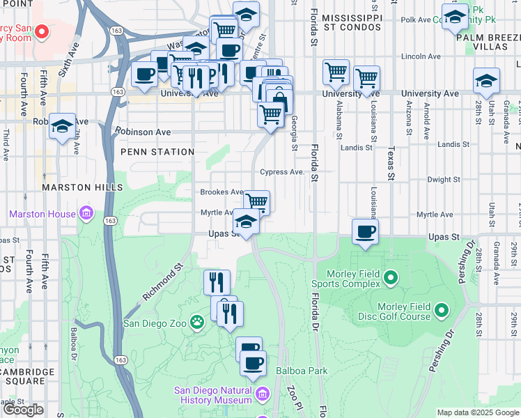 map of restaurants, bars, coffee shops, grocery stores, and more near 1717 Myrtle Avenue in San Diego