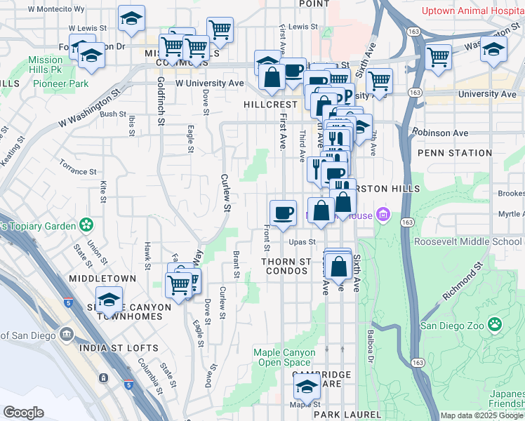 map of restaurants, bars, coffee shops, grocery stores, and more near 3527 Front Street in San Diego
