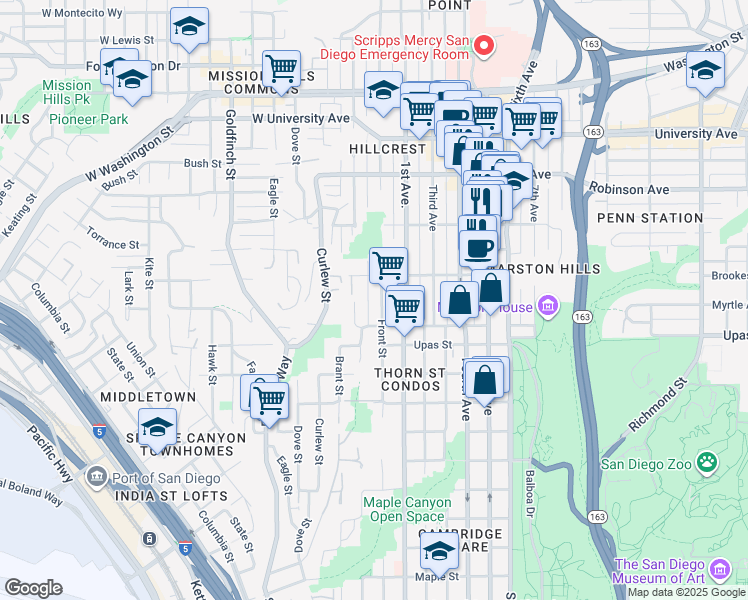 map of restaurants, bars, coffee shops, grocery stores, and more near 3527 Front Street in San Diego