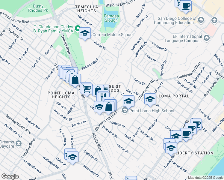 map of restaurants, bars, coffee shops, grocery stores, and more near 2331 Palermo Drive in San Diego