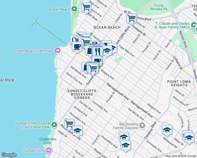 map of restaurants, bars, coffee shops, grocery stores, and more near 4760 Del Monte Avenue in San Diego