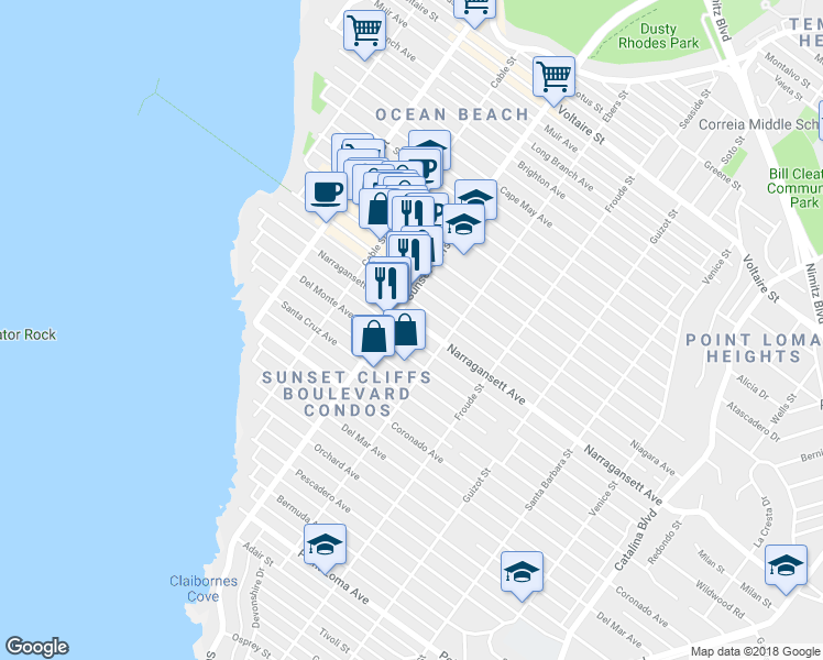 map of restaurants, bars, coffee shops, grocery stores, and more near 4760 Del Monte Avenue in San Diego