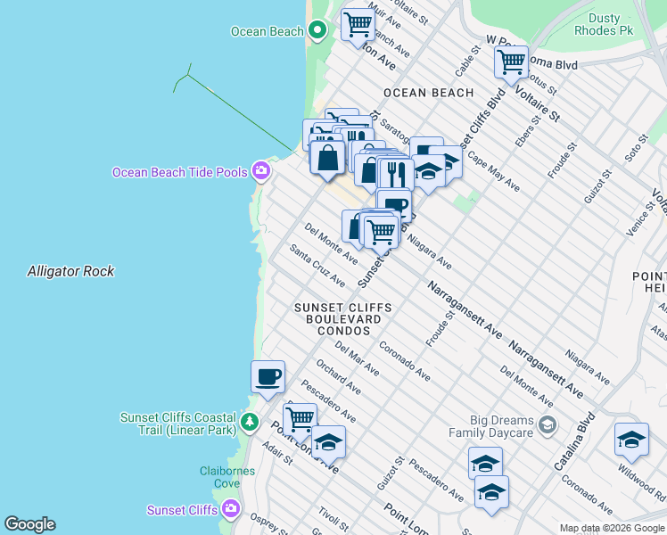 map of restaurants, bars, coffee shops, grocery stores, and more near 4877 Santa Cruz Avenue in San Diego