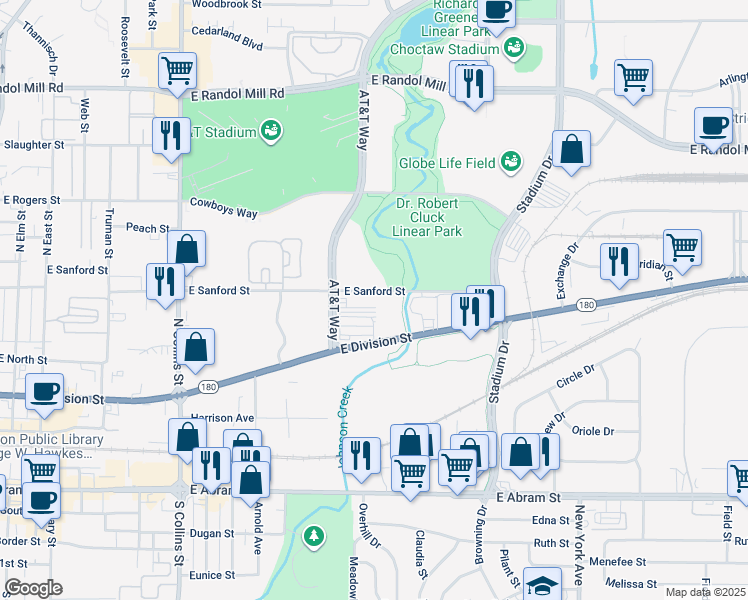 map of restaurants, bars, coffee shops, grocery stores, and more near 1604 East Sanford Street in Arlington