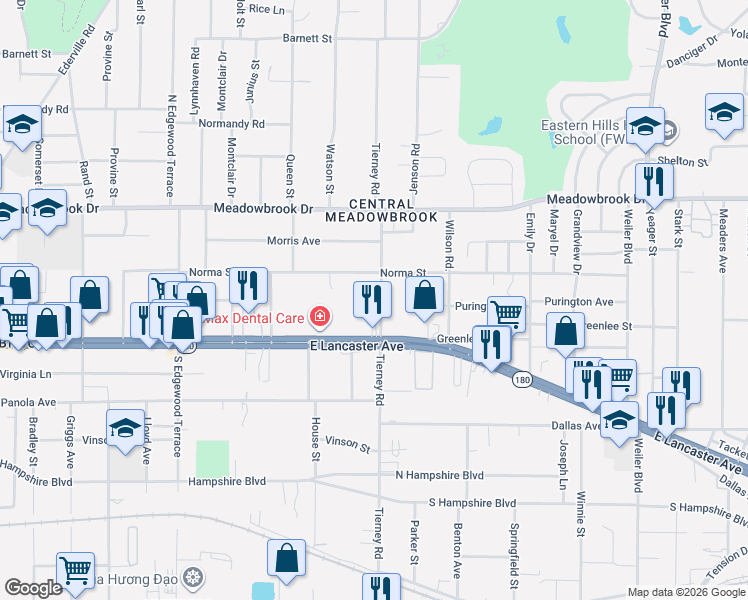 map of restaurants, bars, coffee shops, grocery stores, and more near 2600 Tierney Road in Fort Worth