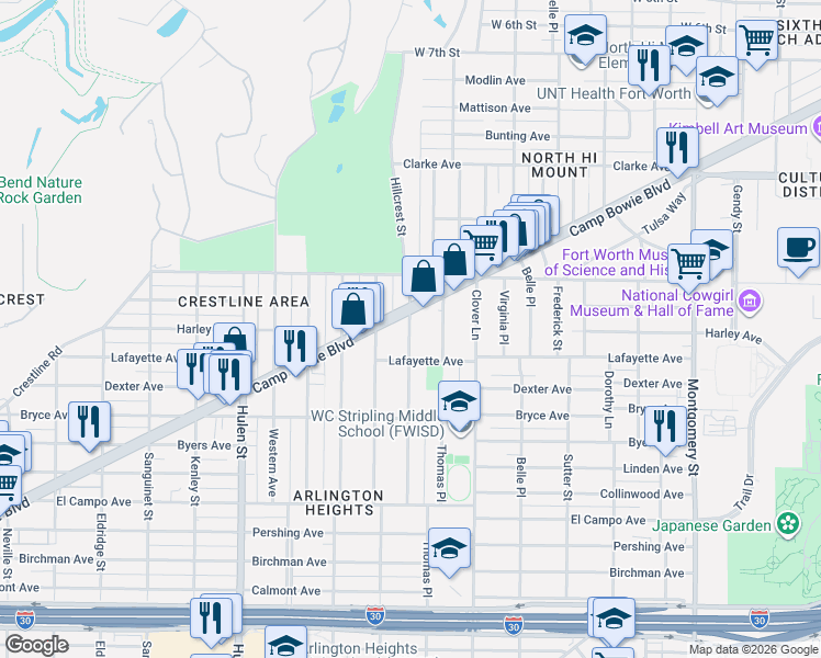 map of restaurants, bars, coffee shops, grocery stores, and more near 1828 Hillcrest Street in Fort Worth