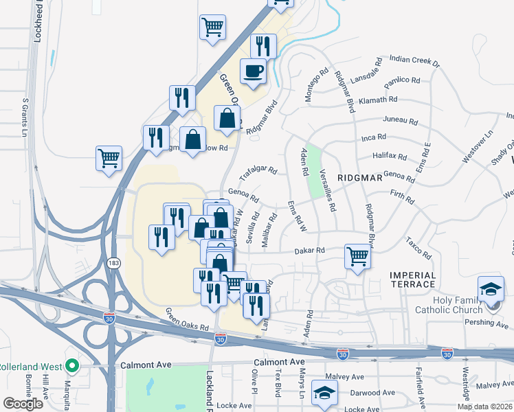 map of restaurants, bars, coffee shops, grocery stores, and more near 1704 Malibar Road in Fort Worth