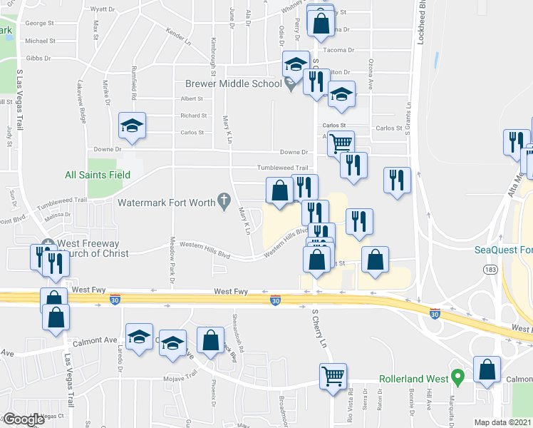 map of restaurants, bars, coffee shops, grocery stores, and more near 8031 Cambridge Circle in White Settlement