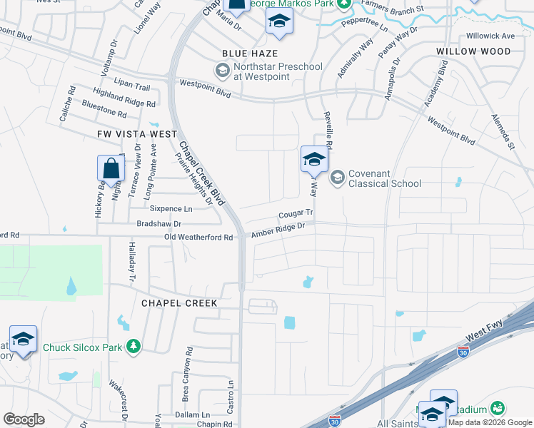 map of restaurants, bars, coffee shops, grocery stores, and more near 10101 Cougar Tr in Fort Worth
