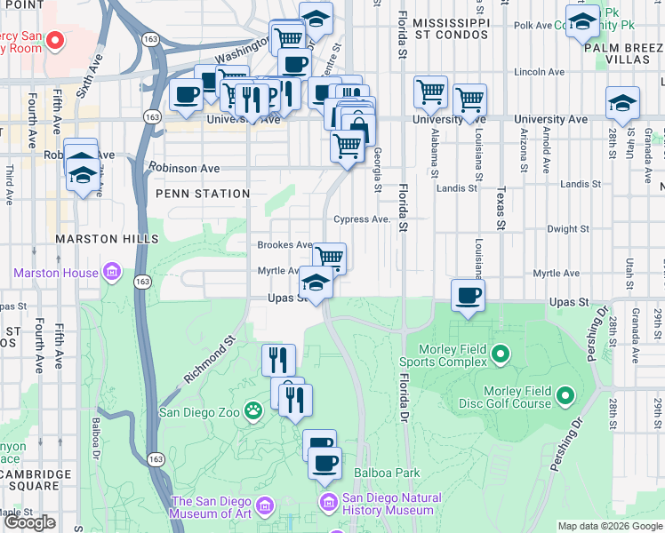 map of restaurants, bars, coffee shops, grocery stores, and more near 1717 Myrtle Avenue in San Diego