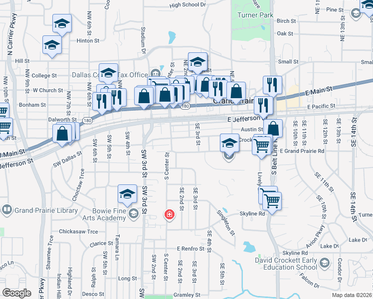 map of restaurants, bars, coffee shops, grocery stores, and more near 148 East Grand Prairie Road in Grand Prairie