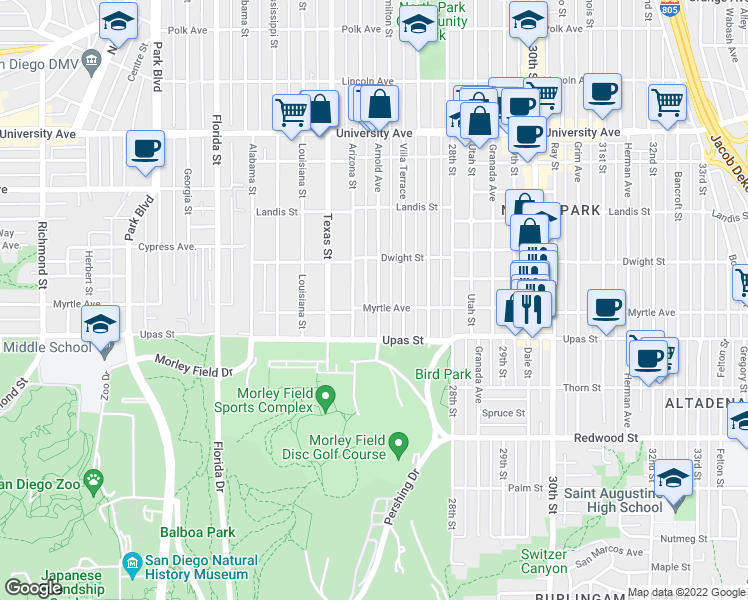 map of restaurants, bars, coffee shops, grocery stores, and more near 3447 Arnold Avenue in San Diego