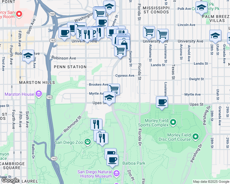map of restaurants, bars, coffee shops, grocery stores, and more near 1717 Myrtle Avenue in San Diego
