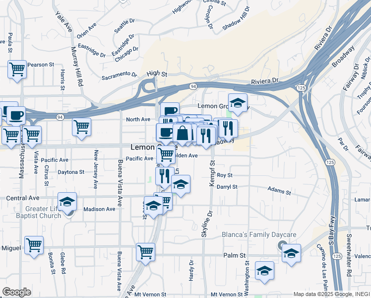 map of restaurants, bars, coffee shops, grocery stores, and more near 7919 Broadway in Lemon Grove