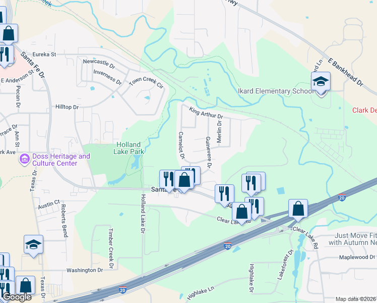 map of restaurants, bars, coffee shops, grocery stores, and more near 111 Yorkshire Court in Weatherford