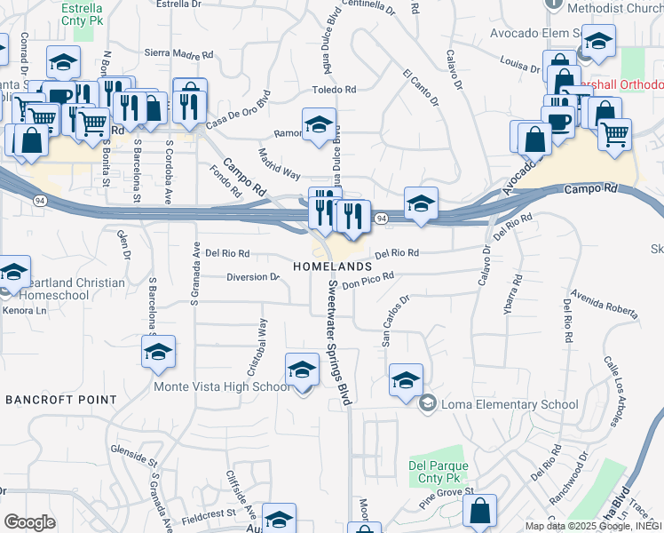 map of restaurants, bars, coffee shops, grocery stores, and more near Sweetwater Springs Blvd & Del Rio Rd in Spring Valley