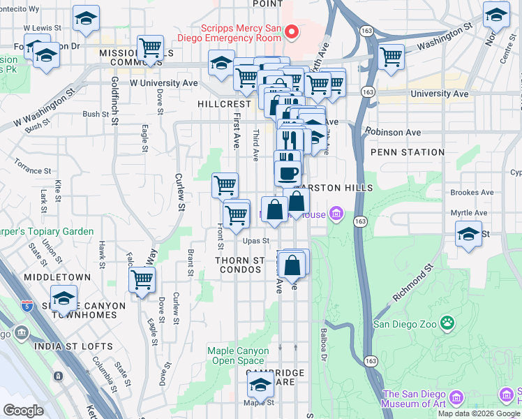 map of restaurants, bars, coffee shops, grocery stores, and more near 3533 Third Avenue in San Diego