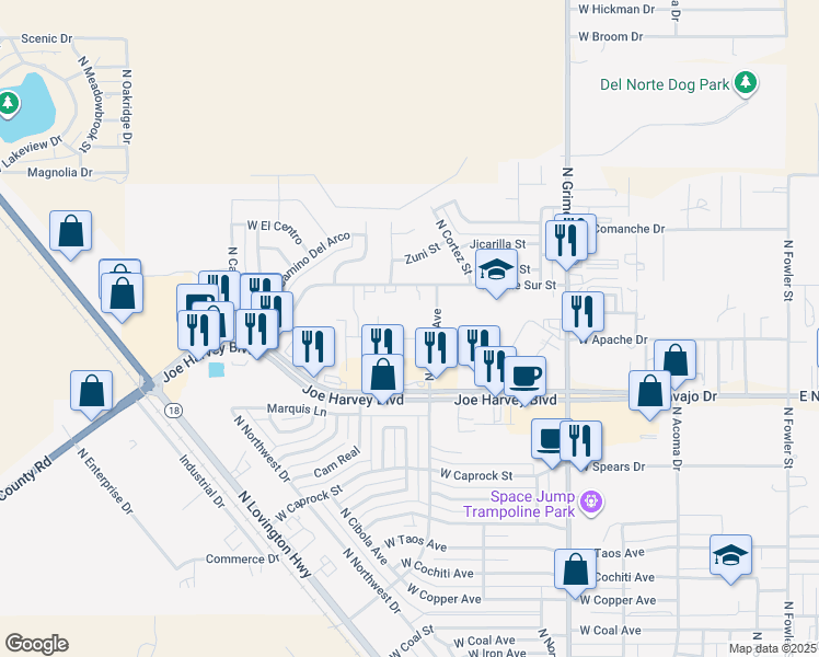 map of restaurants, bars, coffee shops, grocery stores, and more near 3901 North Central Avenue in Hobbs