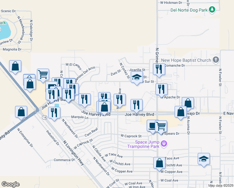 map of restaurants, bars, coffee shops, grocery stores, and more near 3901 Central Drive in Hobbs