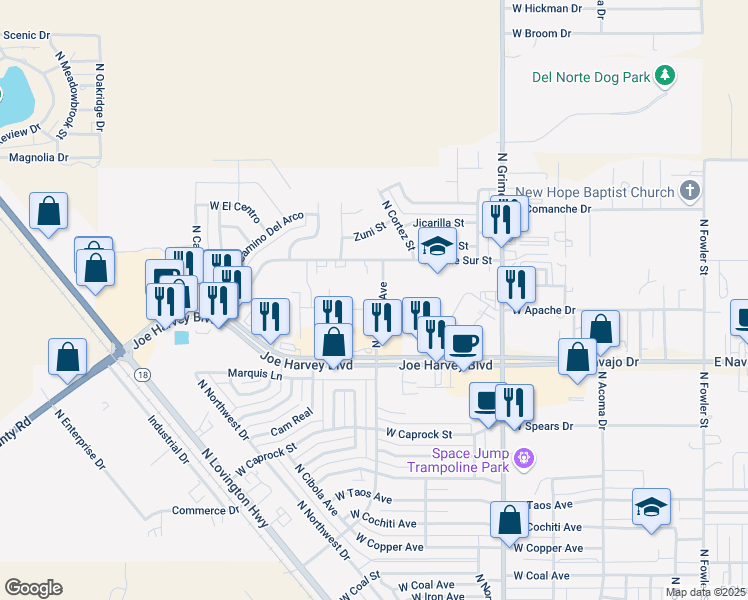 map of restaurants, bars, coffee shops, grocery stores, and more near 3901 North Central Avenue in Hobbs