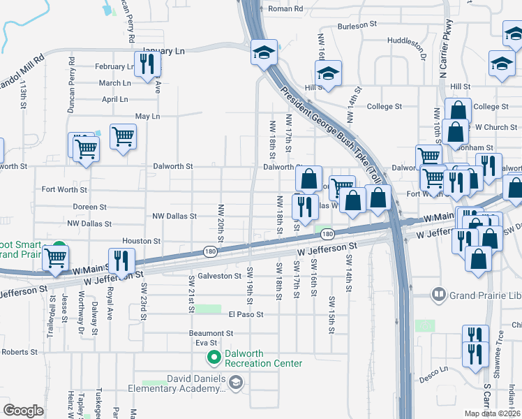 map of restaurants, bars, coffee shops, grocery stores, and more near 1867 Northwest Dallas Street in Grand Prairie