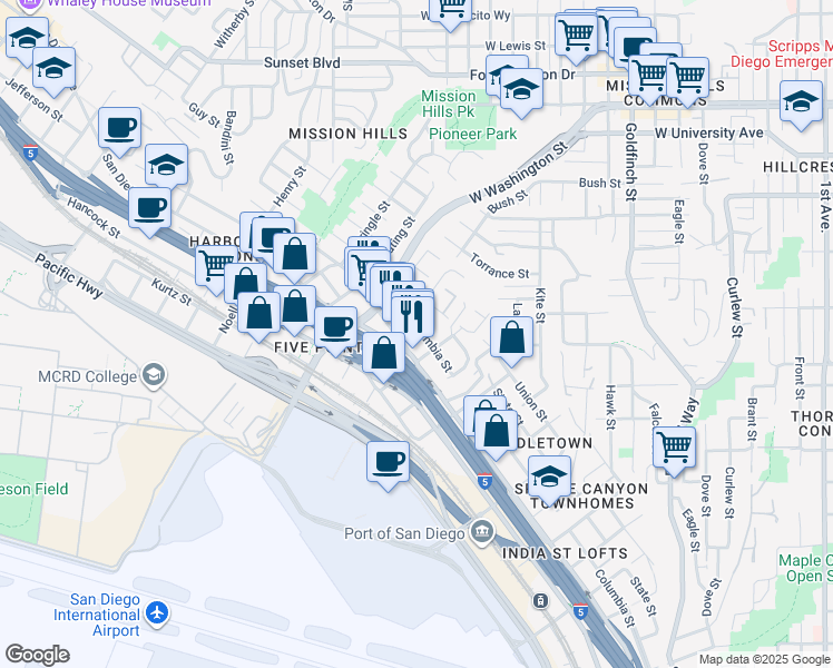 map of restaurants, bars, coffee shops, grocery stores, and more near Columbia Street in San Diego