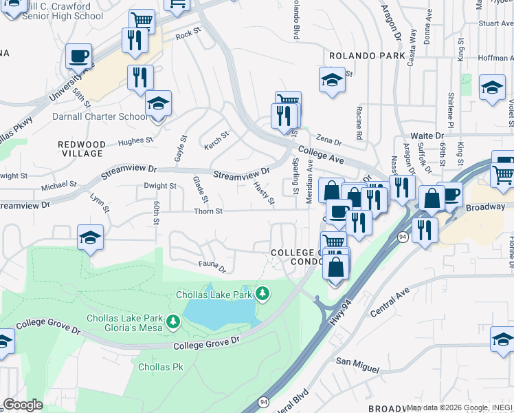 map of restaurants, bars, coffee shops, grocery stores, and more near 6251 Thorn Street in San Diego