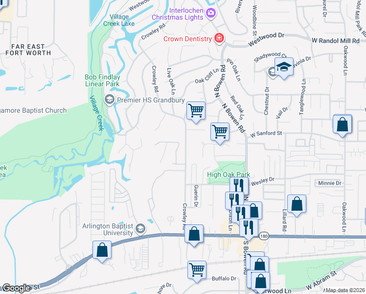 map of restaurants, bars, coffee shops, grocery stores, and more near 612 Crowley Road in Arlington