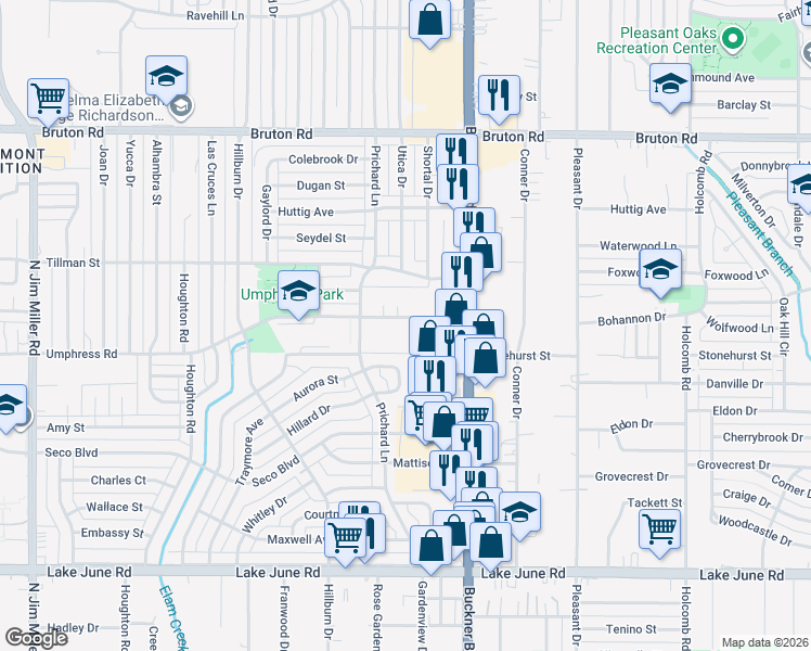 map of restaurants, bars, coffee shops, grocery stores, and more near 7942 Umphress Road in Dallas