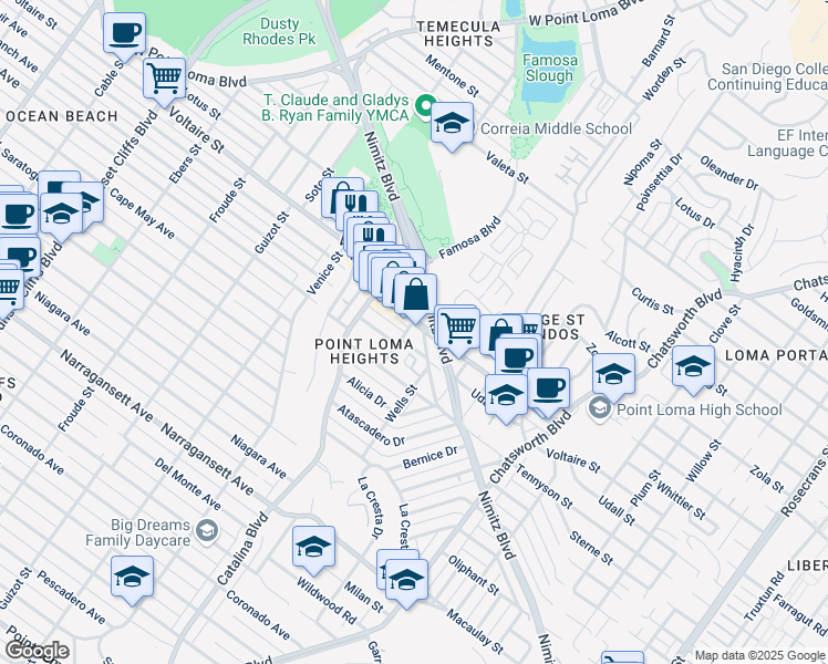 map of restaurants, bars, coffee shops, grocery stores, and more near 2151 San Clemente Street in San Diego