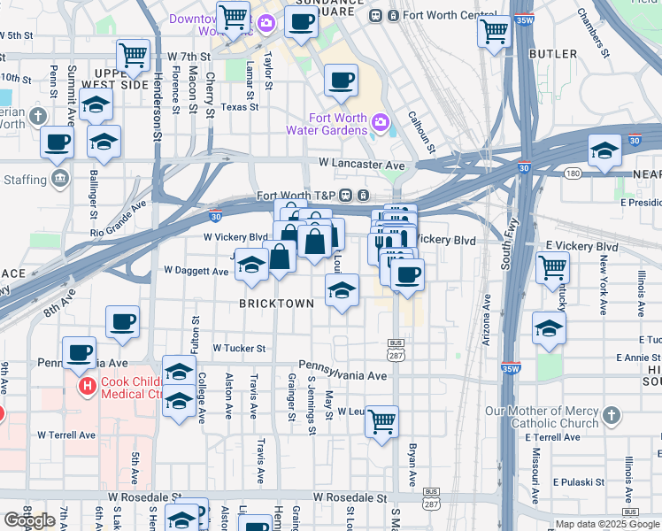map of restaurants, bars, coffee shops, grocery stores, and more near 406 West Daggett Avenue in Fort Worth