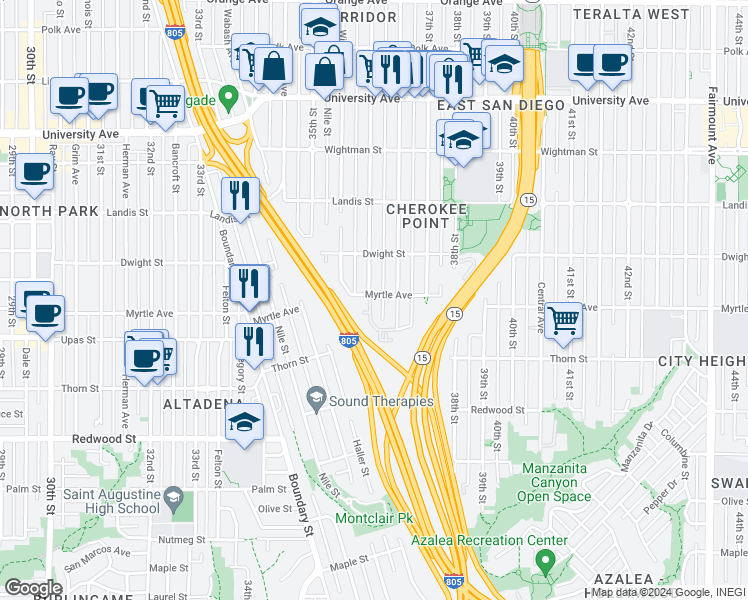 map of restaurants, bars, coffee shops, grocery stores, and more near 3421 36th Street in San Diego