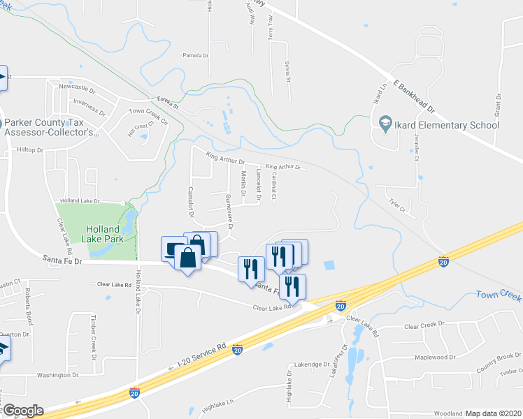 map of restaurants, bars, coffee shops, grocery stores, and more near 222 Yorkshire Drive in Weatherford