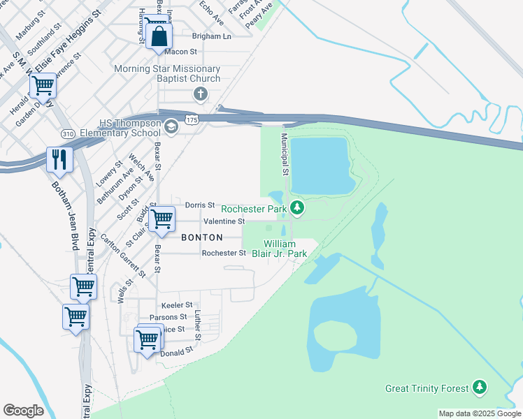 map of restaurants, bars, coffee shops, grocery stores, and more near 3028 Dorris Street in Dallas