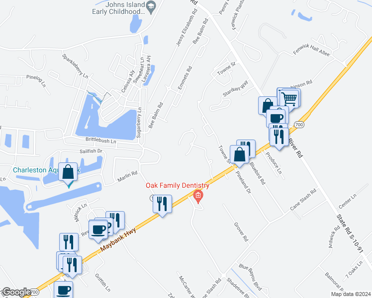 map of restaurants, bars, coffee shops, grocery stores, and more near 2902 Split Hickory Court in Johns Island