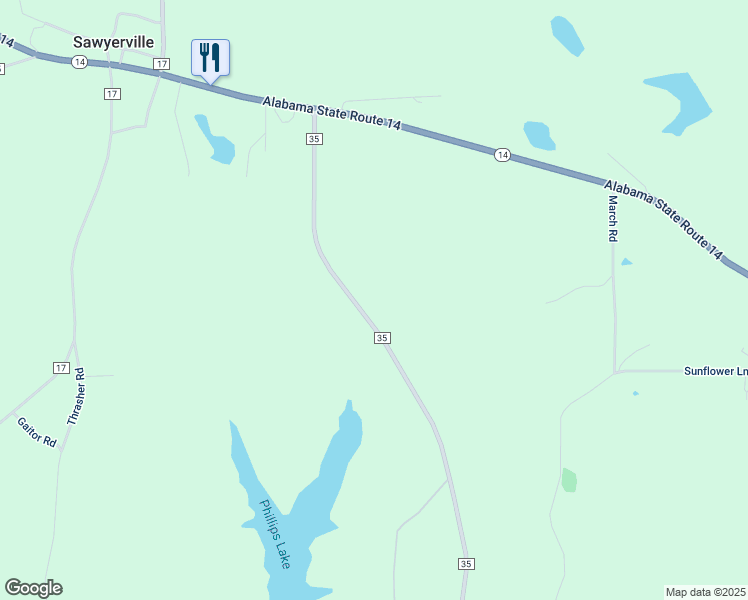 map of restaurants, bars, coffee shops, grocery stores, and more near 9435 County Road 35 in Sawyerville