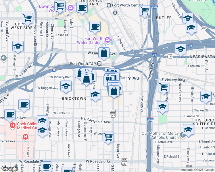 map of restaurants, bars, coffee shops, grocery stores, and more near 200 West Daggett Avenue in Fort Worth