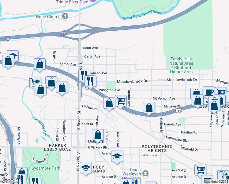 map of restaurants, bars, coffee shops, grocery stores, and more near 2903 Mount Vernon Avenue in Fort Worth