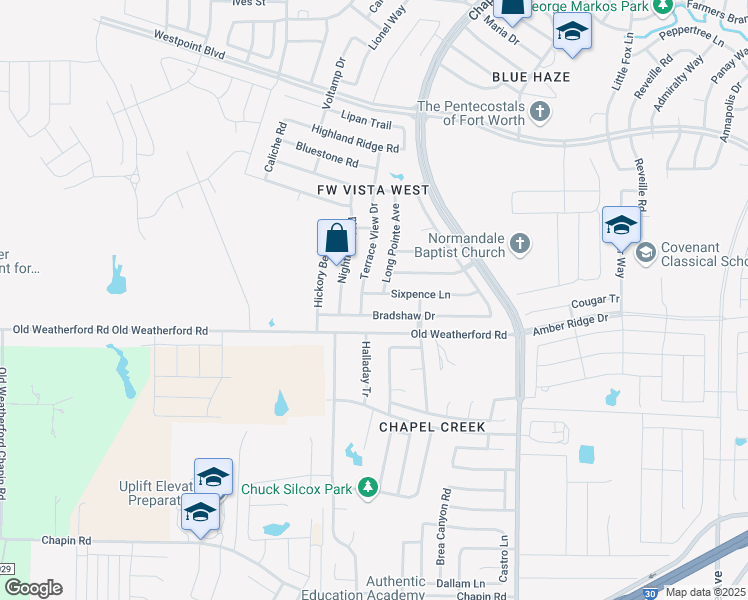 map of restaurants, bars, coffee shops, grocery stores, and more near 10445 Sixpence Lane in Fort Worth